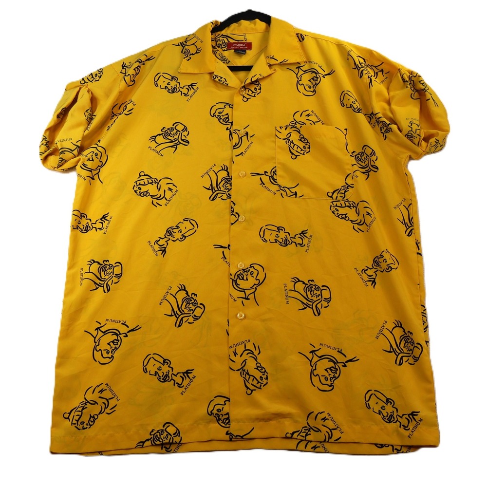 FUBU Mens XL Button Down Shirt Yellow Platinum 'Fat Albert' Print Short Sleeve